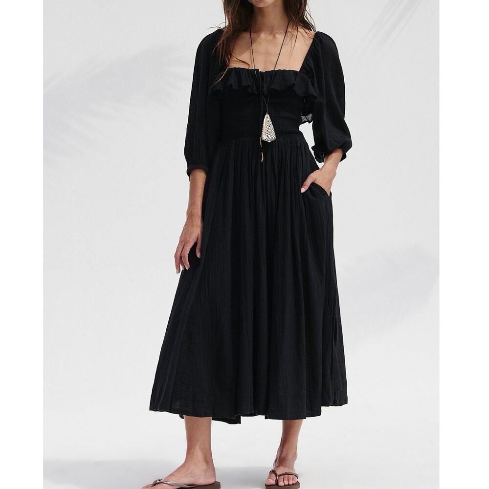 FREE PEOPLE Oasis Midi Dress Boho Black Milkmaid Coquette Cottagecore - Sz Small
